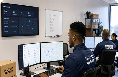 Delivery partners monitoring orders from an operations room